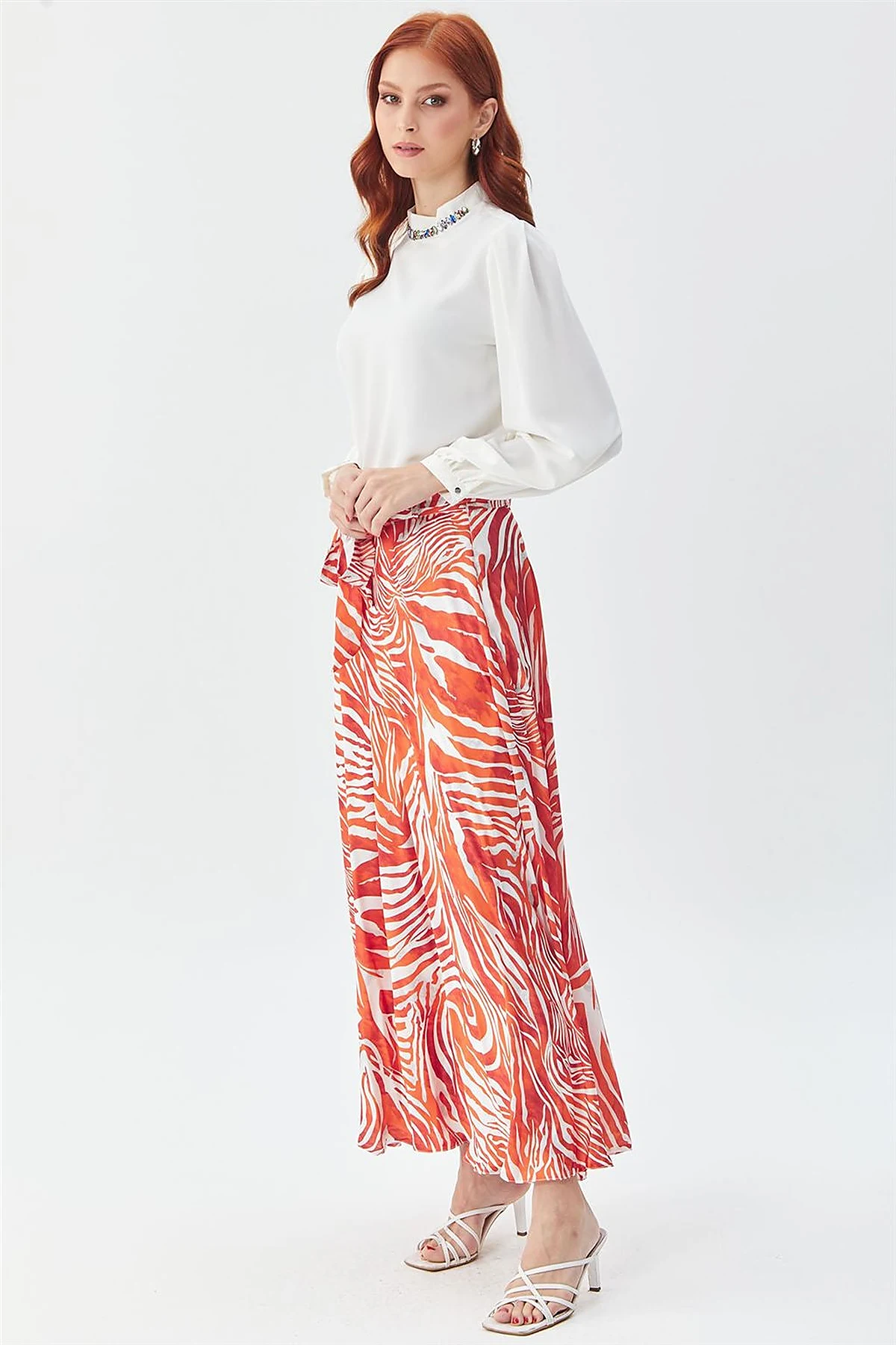 Zebra Print Belted A-line Skirt Orange