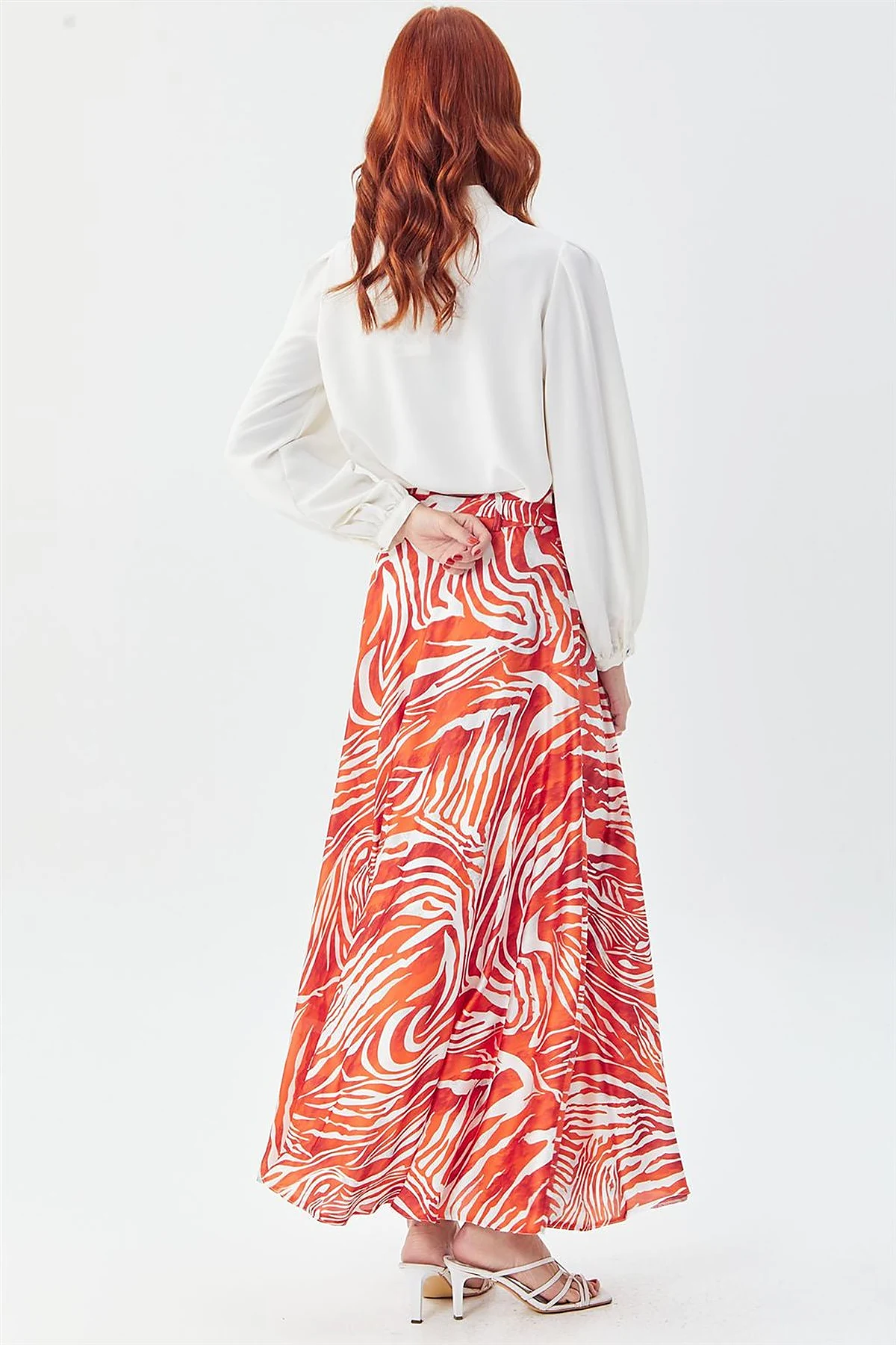 Zebra Print Belted A-line Skirt Orange