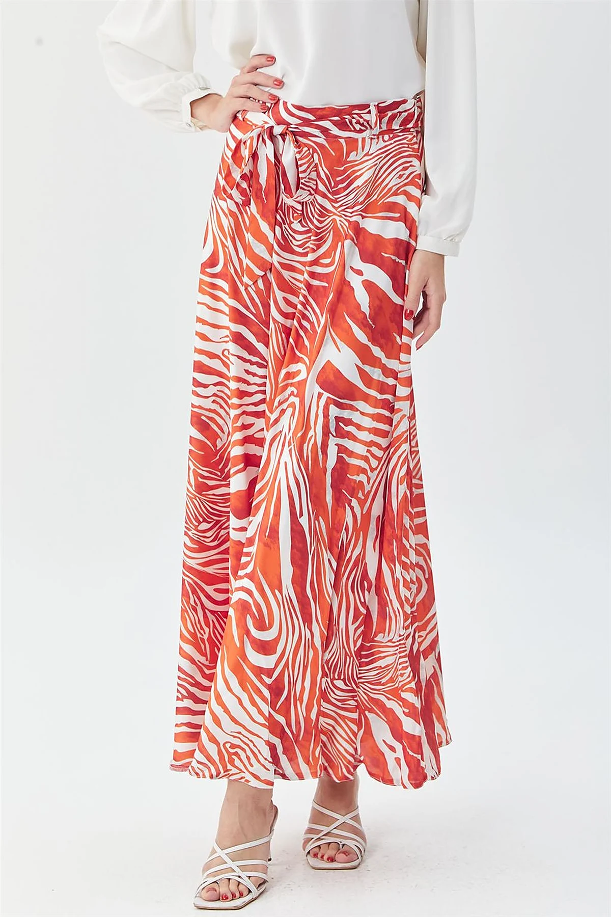 Zebra Print Belted A-line Skirt Orange
