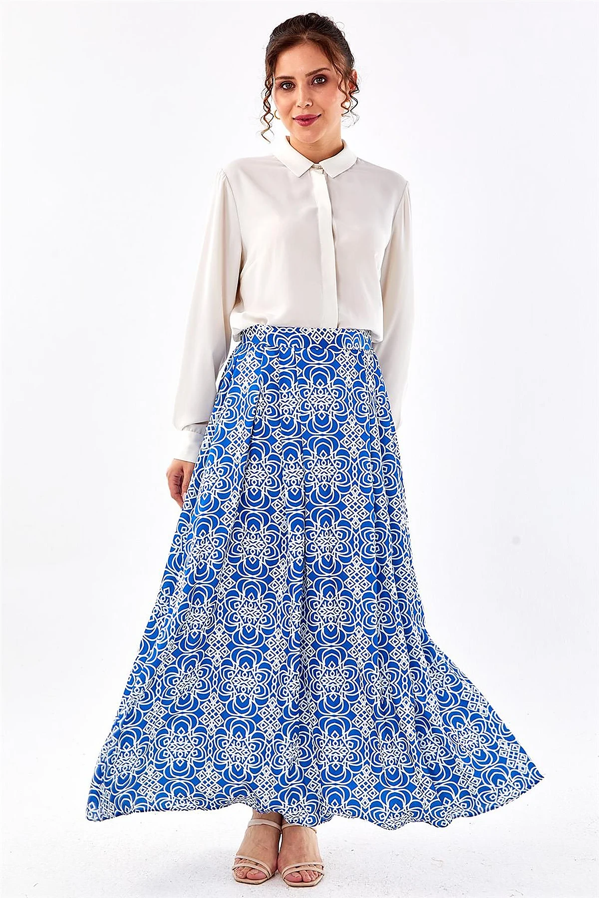 Patterned Pleated Skirt Royal Blue 