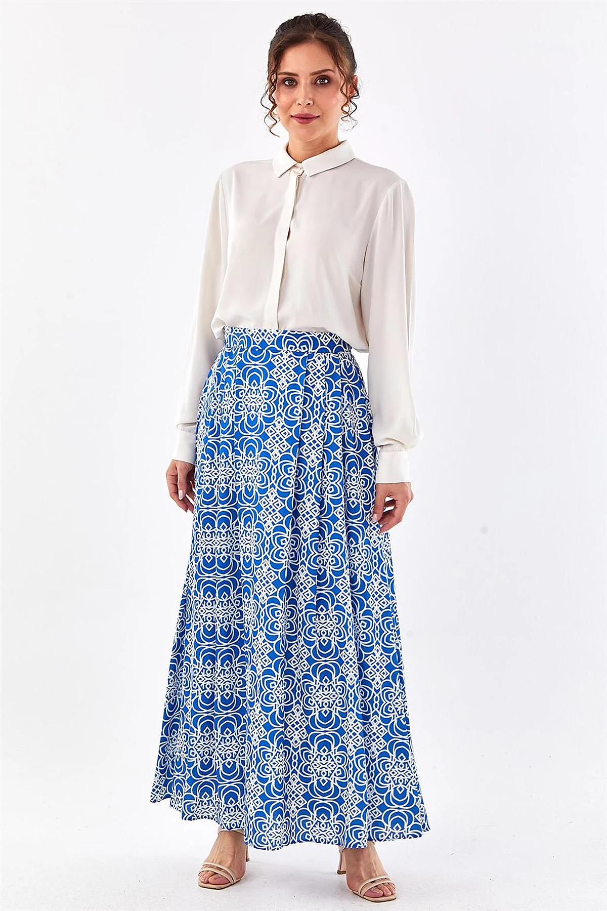 Patterned Pleated Skirt Royal Blue 