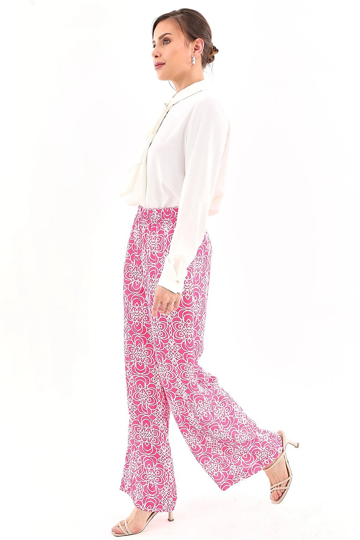Elastic Waist Patterned Pants Fuchsia 