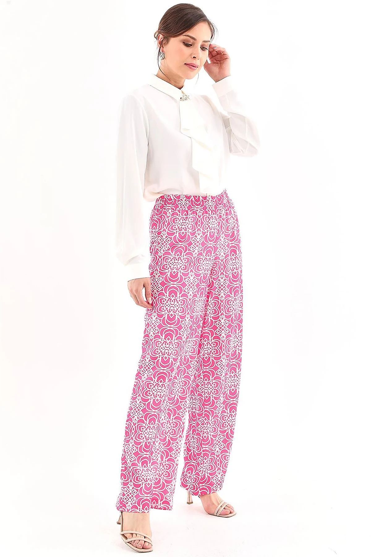 Elastic Waist Patterned Pants Fuchsia 
