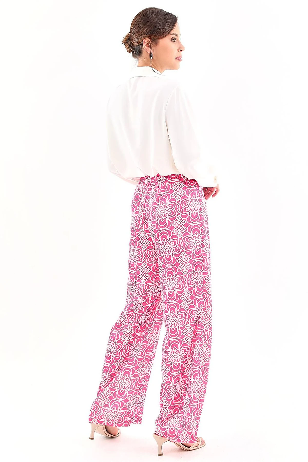 Elastic Waist Patterned Pants Fuchsia 