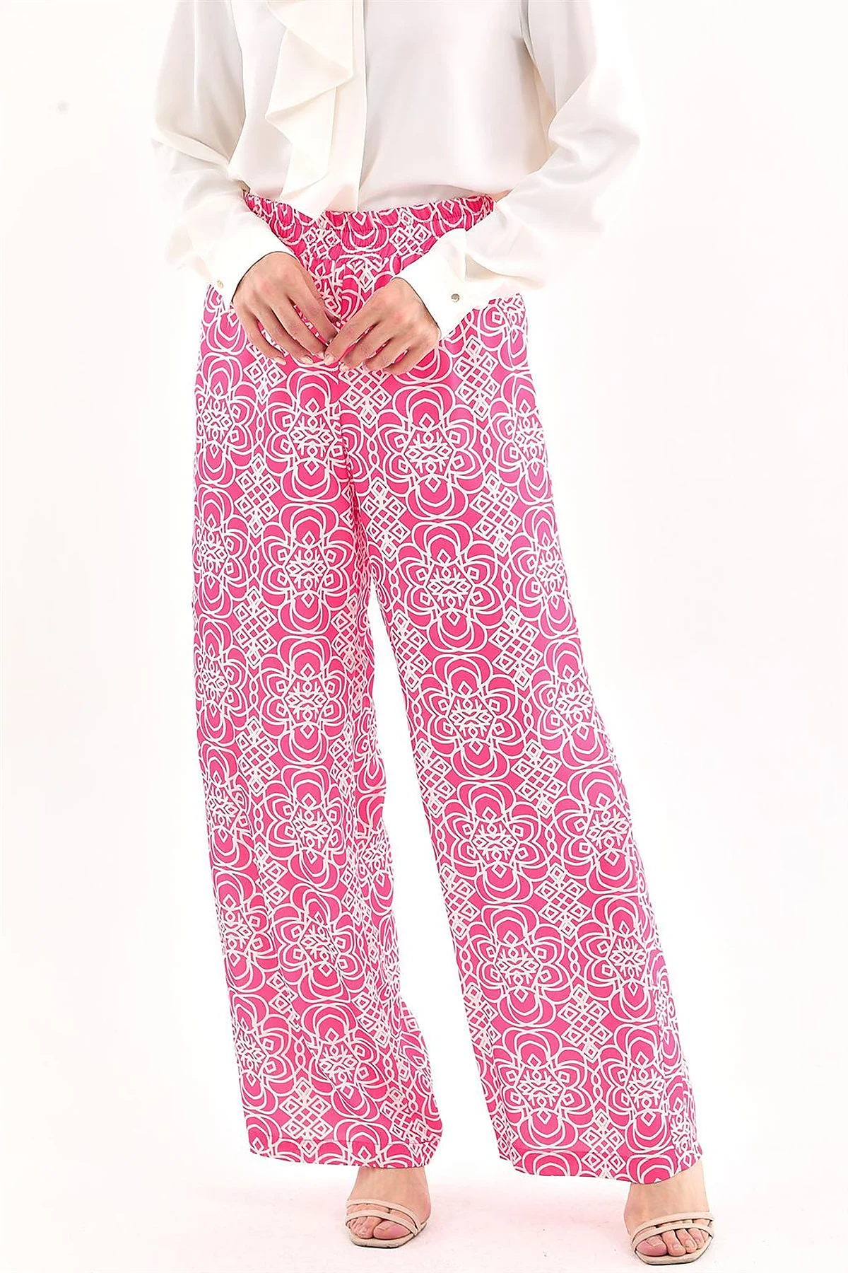 Elastic Waist Patterned Pants Fuchsia 