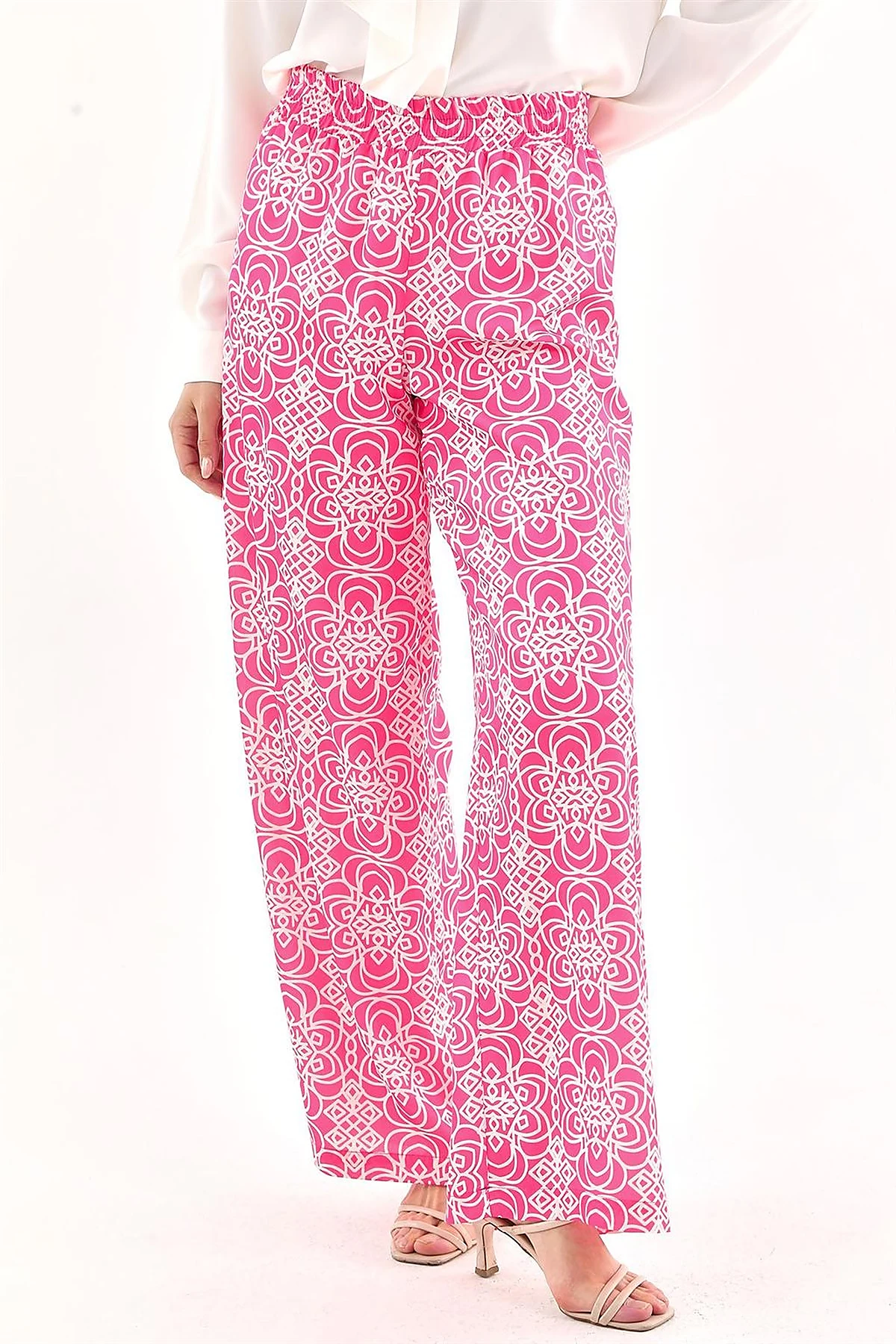 Elastic Waist Patterned Pants Fuchsia 