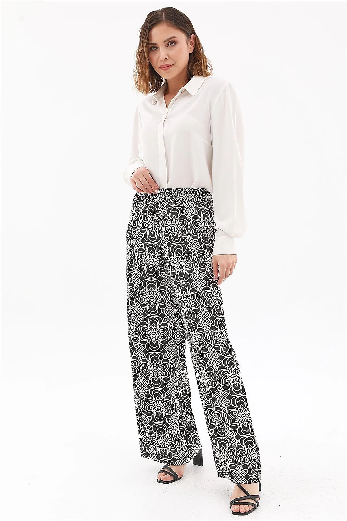 Elastic Waist Patterned Pants Black