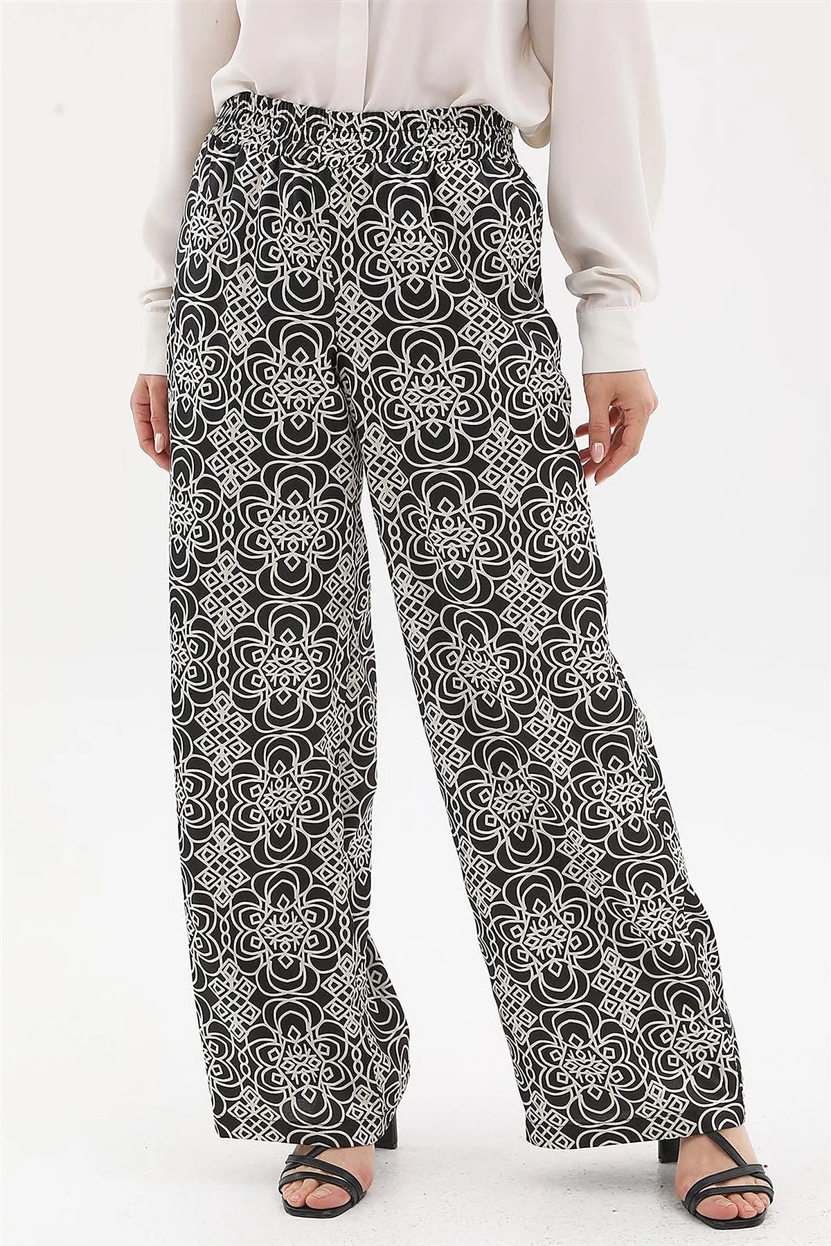 Elastic Waist Patterned Pants Black