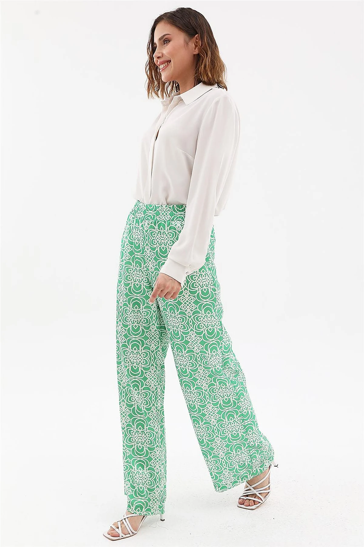 Elastic Waist Patterned Pants Green 