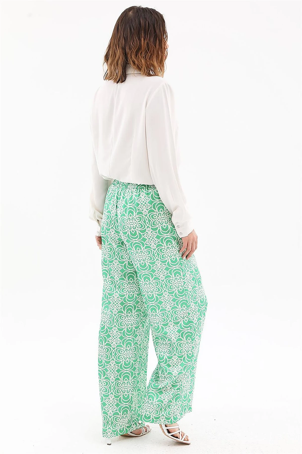 Elastic Waist Patterned Pants Green 