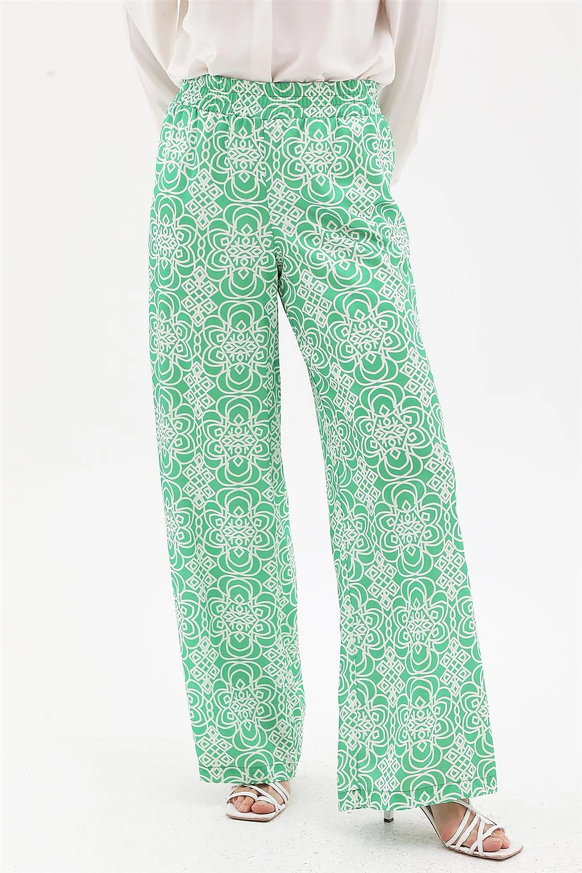 Elastic Waist Patterned Pants Green 