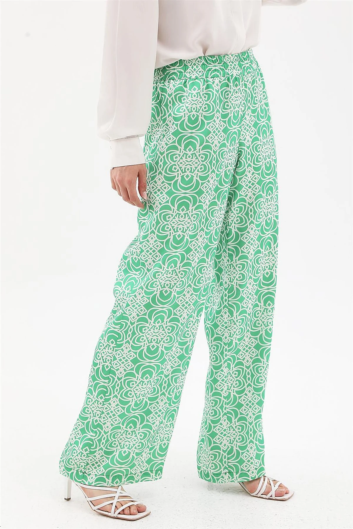 Elastic Waist Patterned Pants Green 