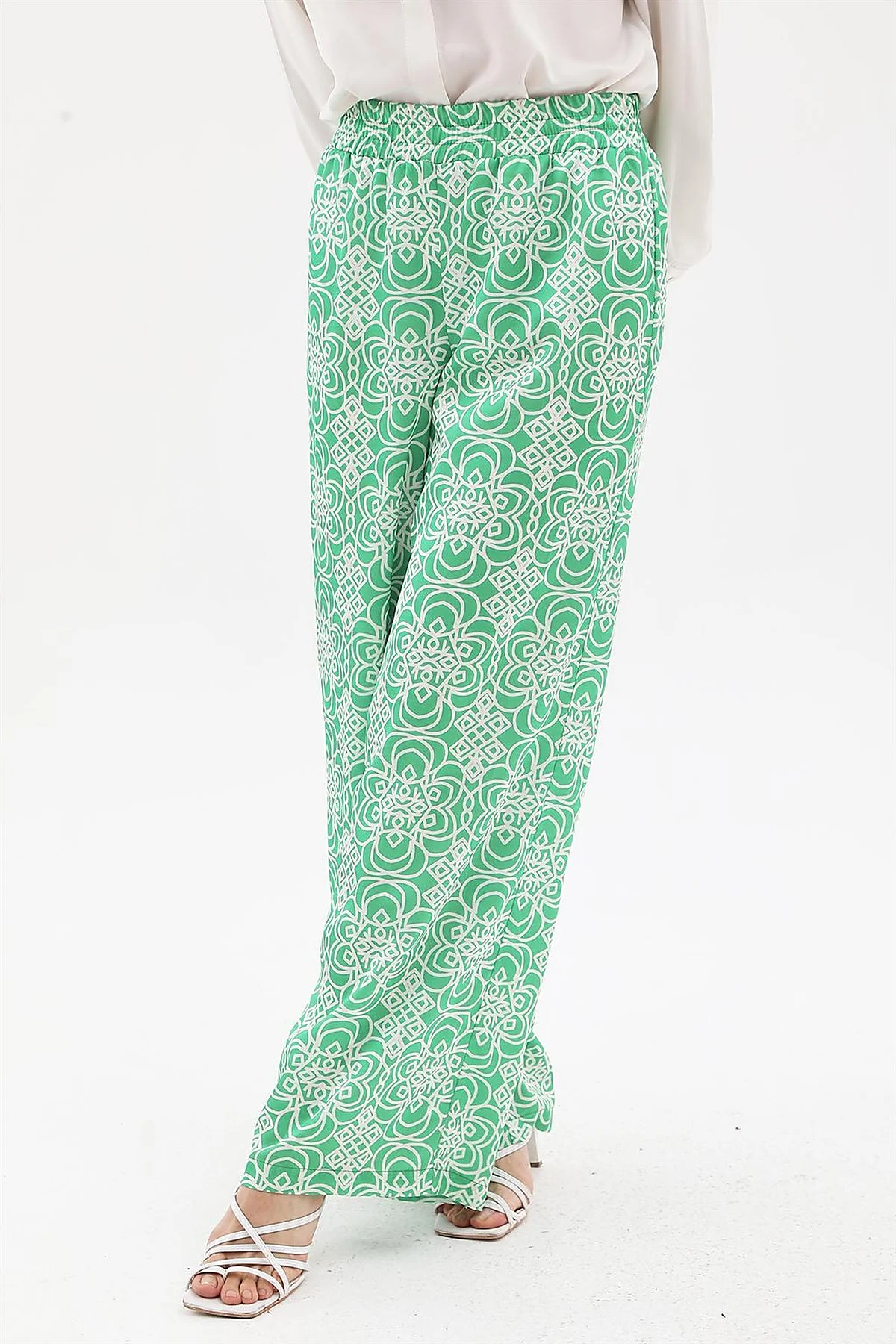 Elastic Waist Patterned Pants Green 