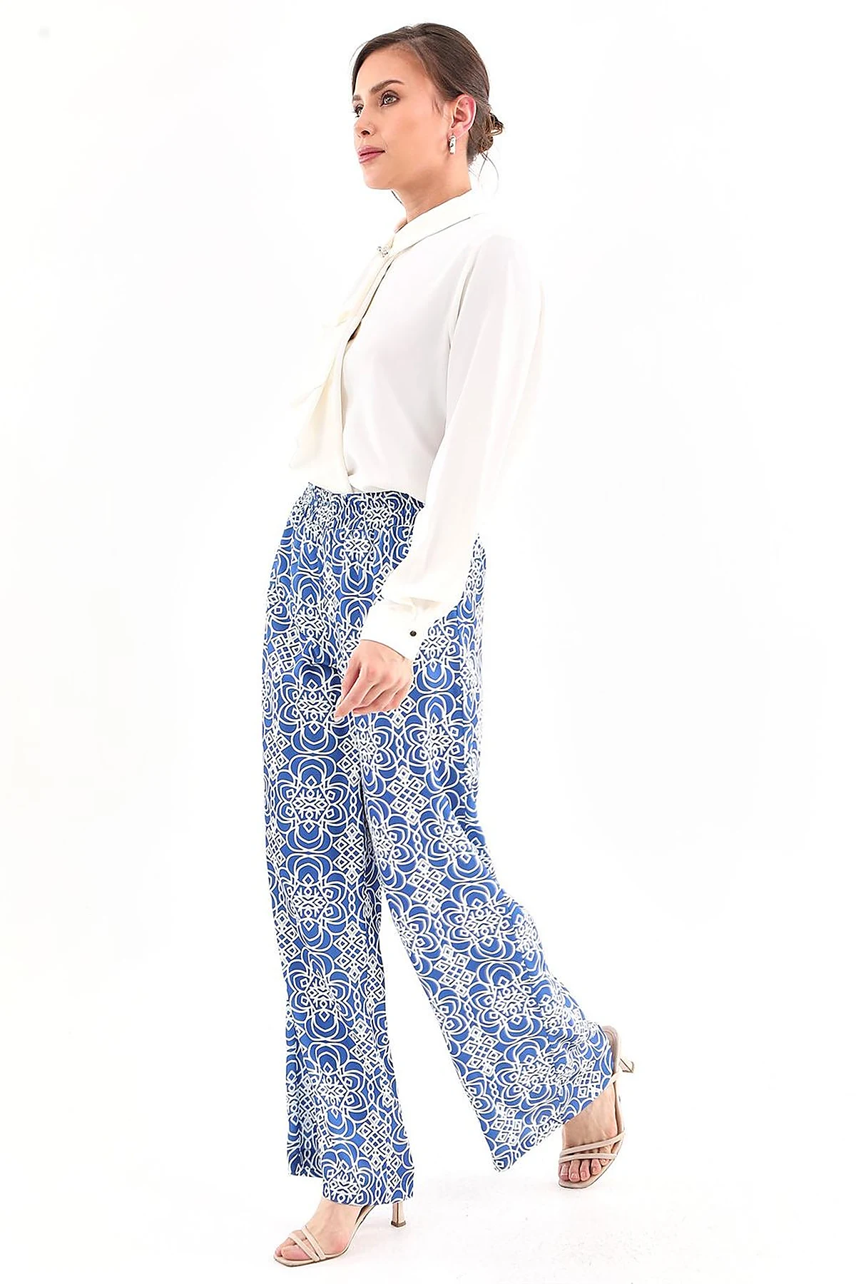 Elastic Waist Patterned Pants Royal Blue 