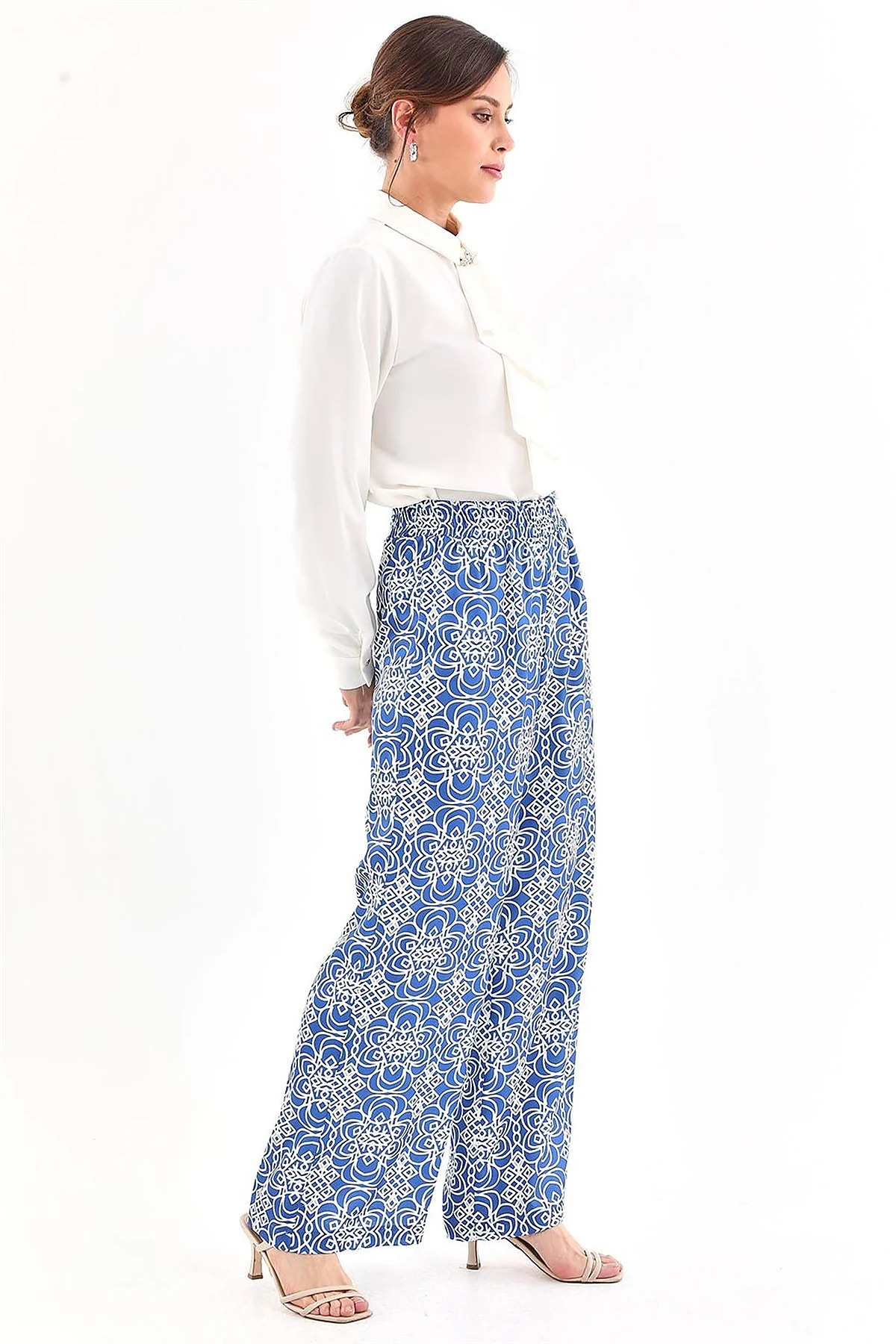 Elastic Waist Patterned Pants Royal Blue 