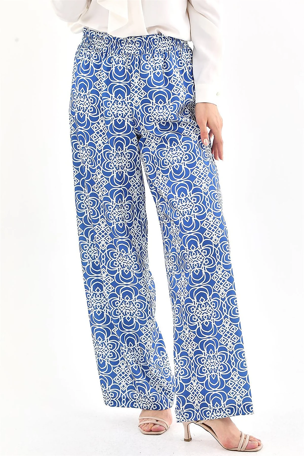 Elastic Waist Patterned Pants Royal Blue 