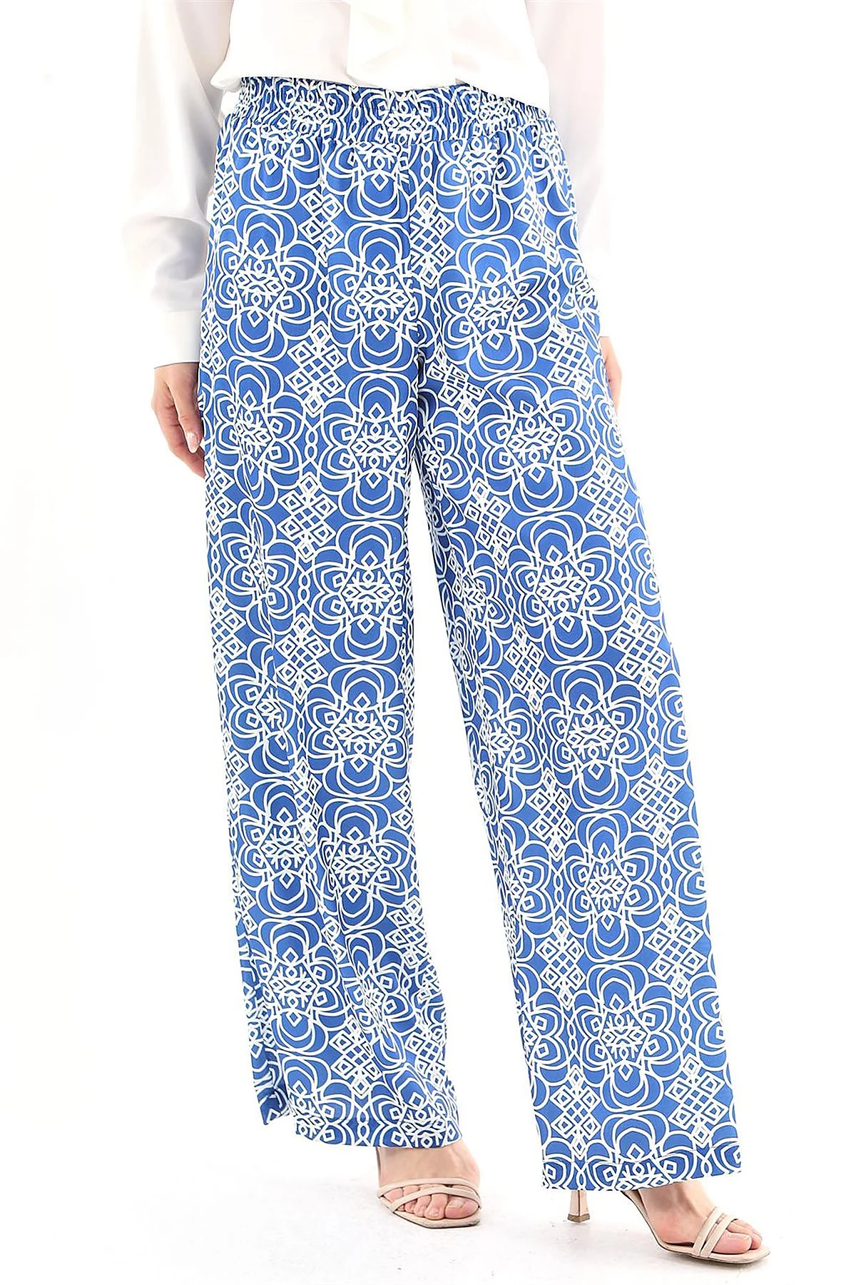 Elastic Waist Patterned Pants Royal Blue 