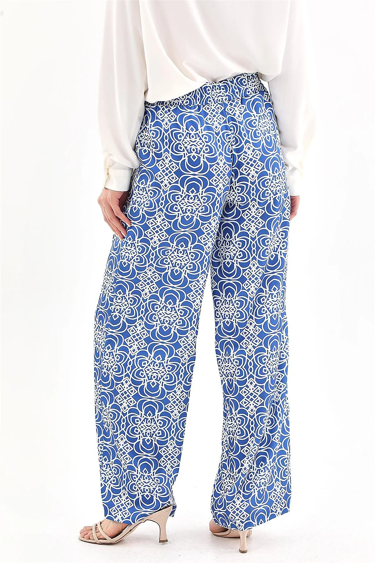 Elastic Waist Patterned Pants Royal Blue 