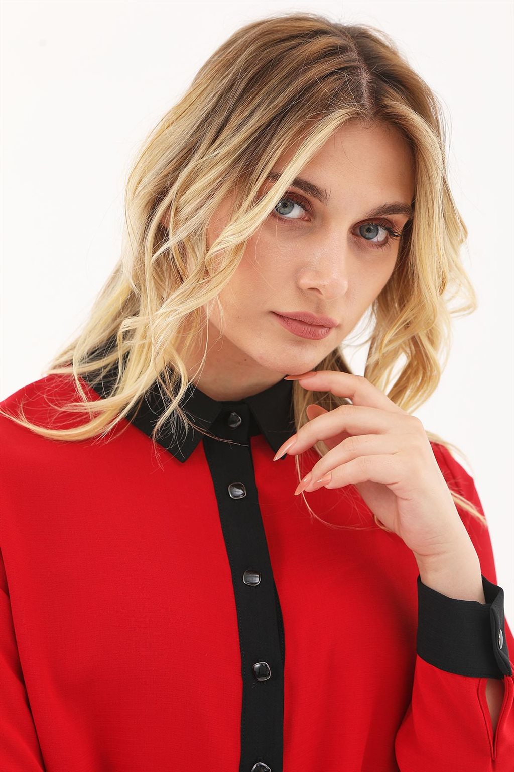 Half Placket Buttoned Long Tunic Red