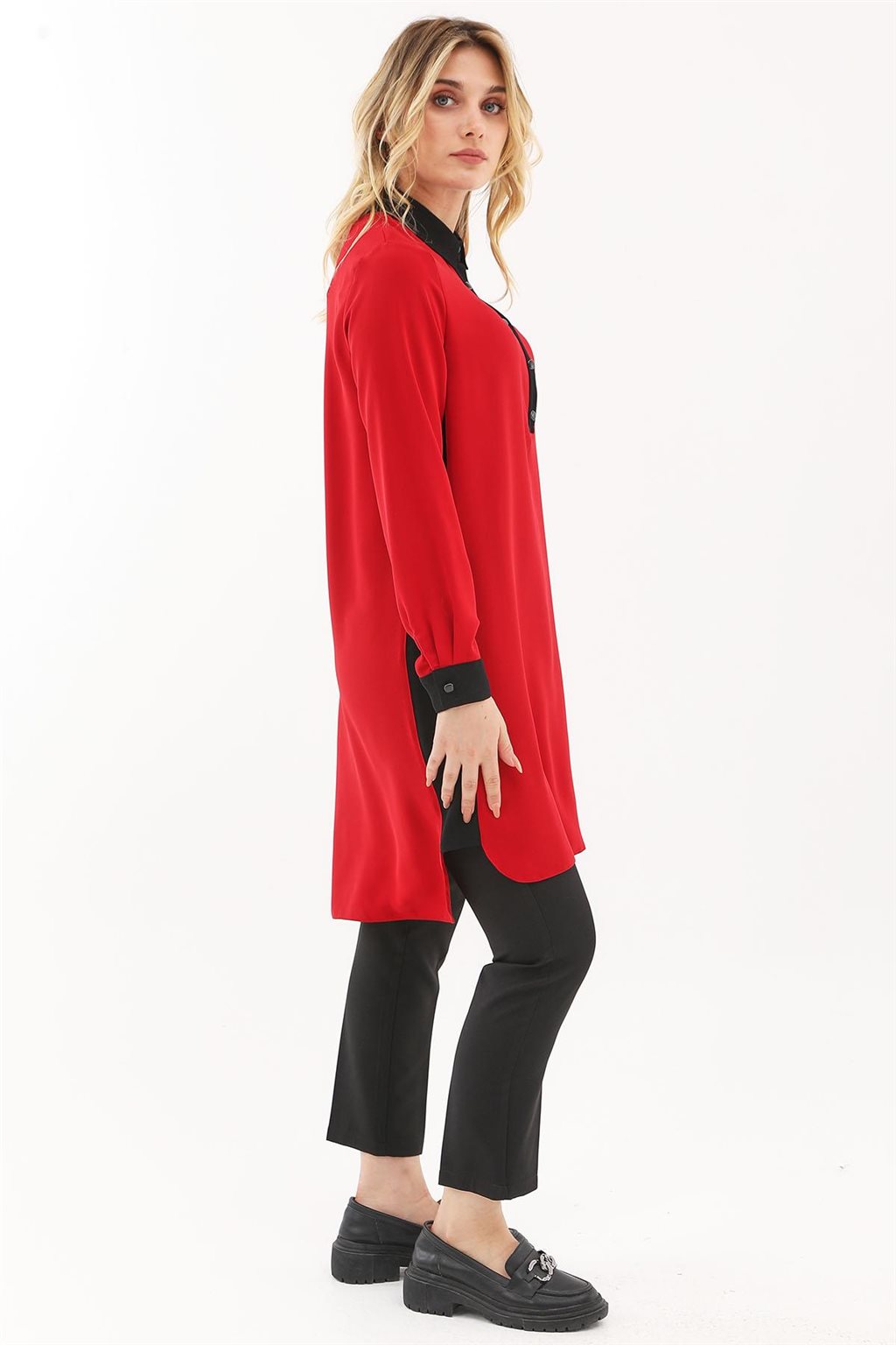 Half Placket Buttoned Long Tunic Red
