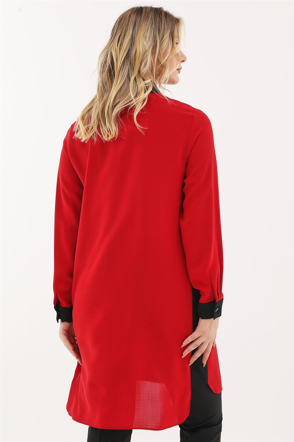 Half Placket Buttoned Long Tunic Red