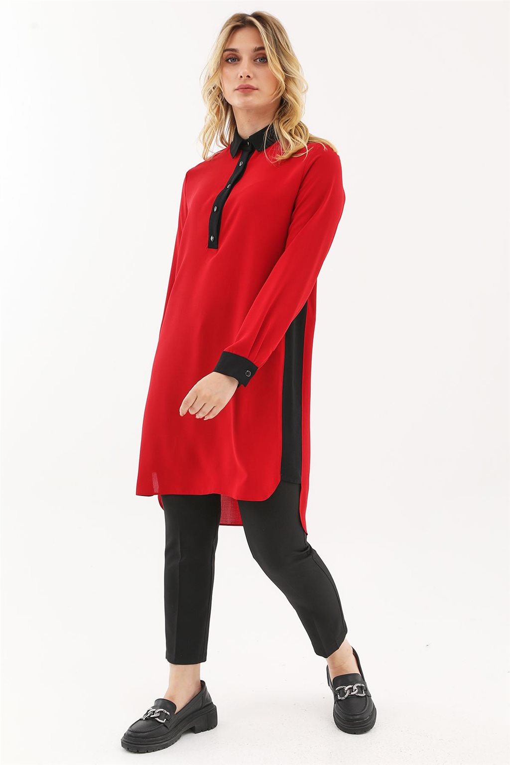 Half Placket Buttoned Long Tunic Red