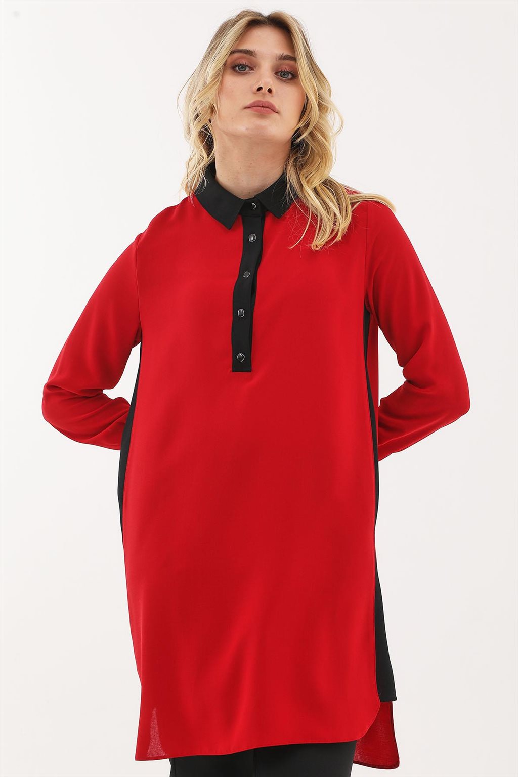 Half Placket Buttoned Long Tunic Red