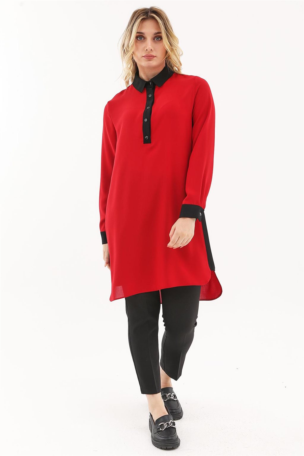 Half Placket Buttoned Long Tunic Red