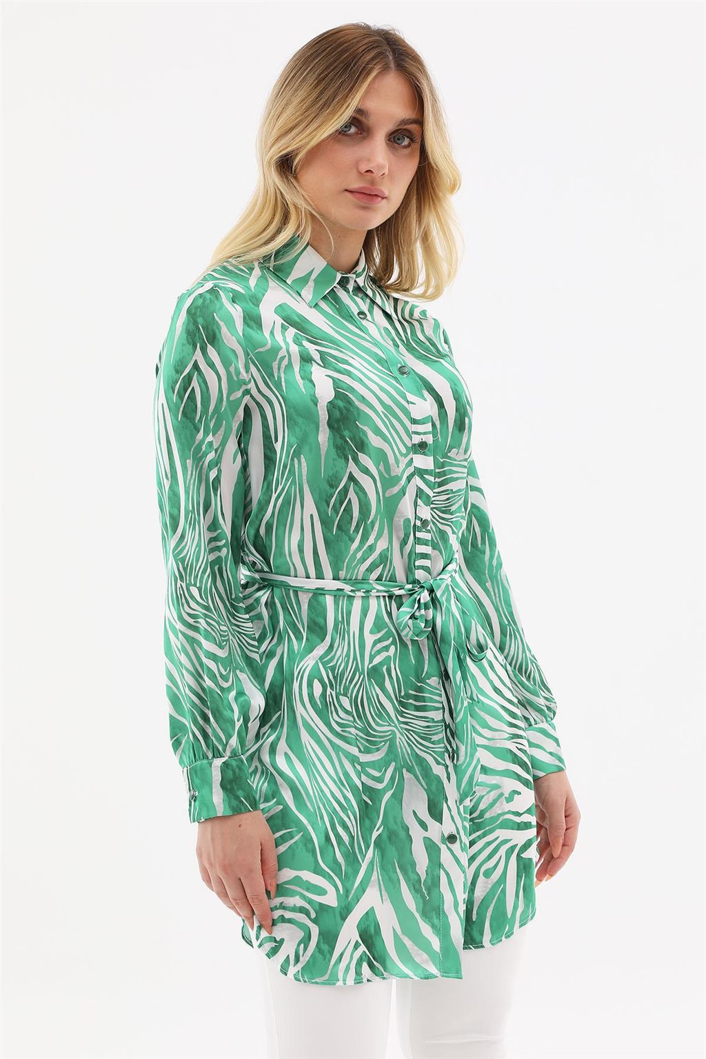 Zebra Desenli Kuşaklı Tunik Yeşil