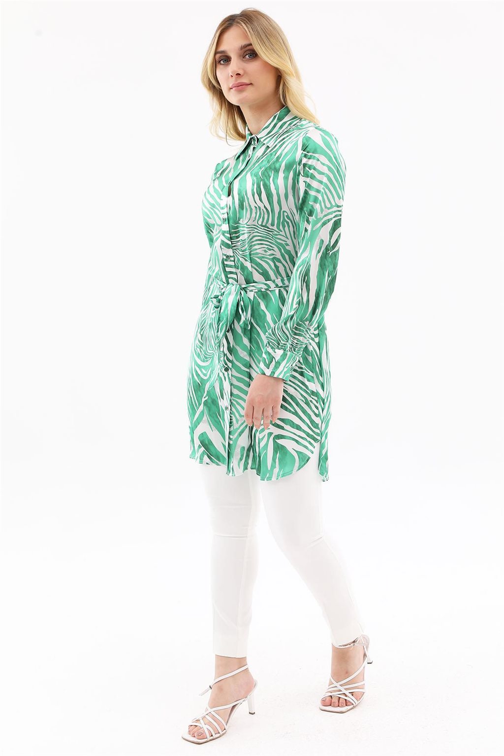 Zebra Desenli Kuşaklı Tunik Yeşil