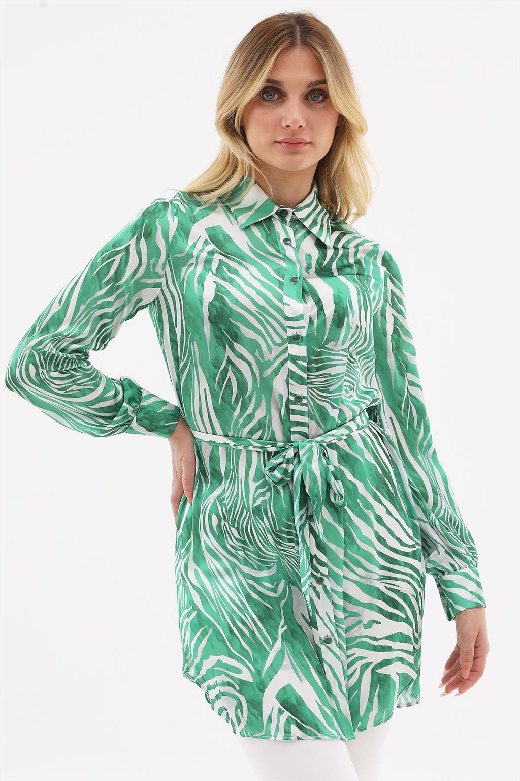 Zebra Desenli Kuşaklı Tunik Yeşil