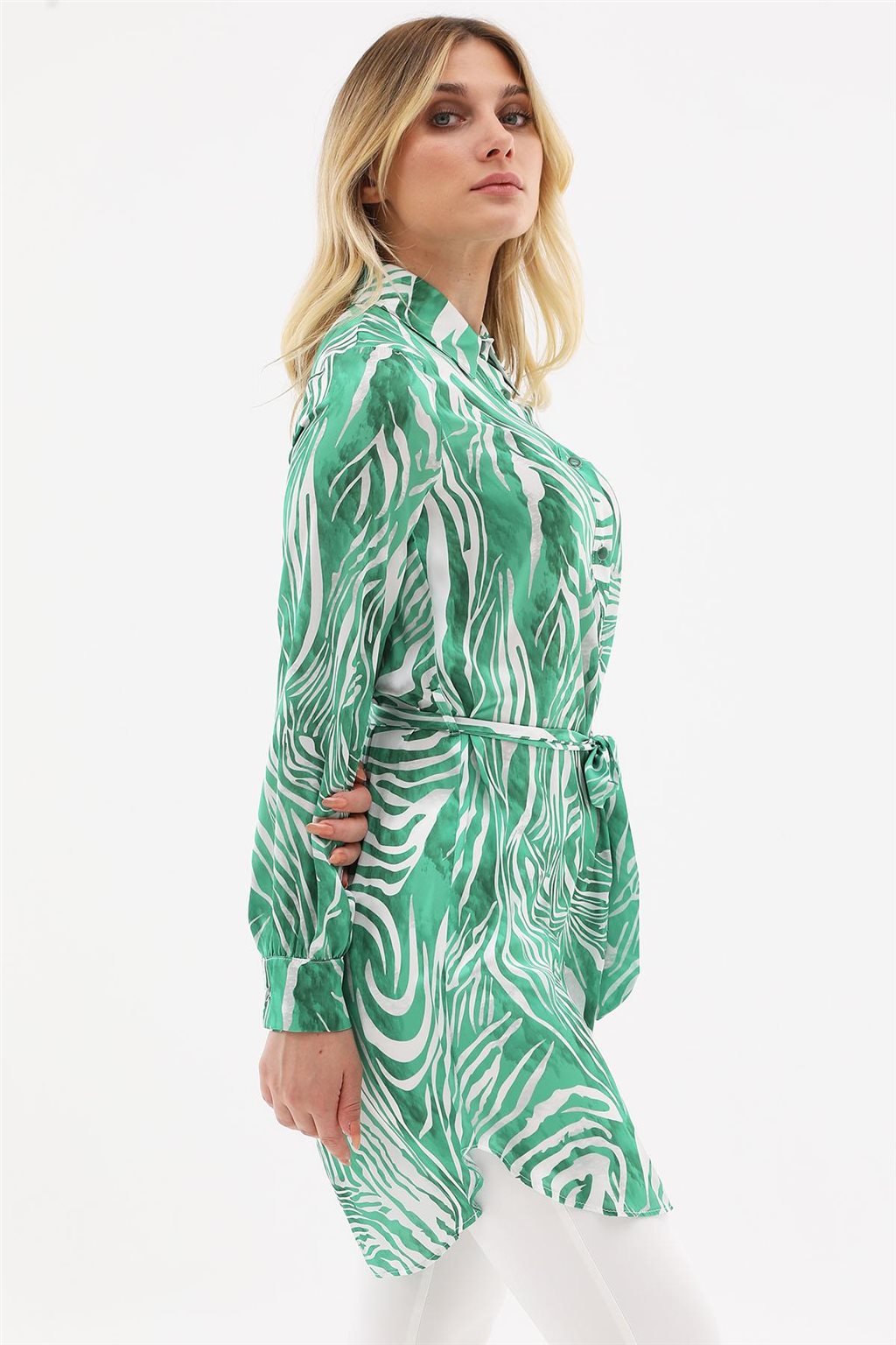 Zebra Desenli Kuşaklı Tunik Yeşil