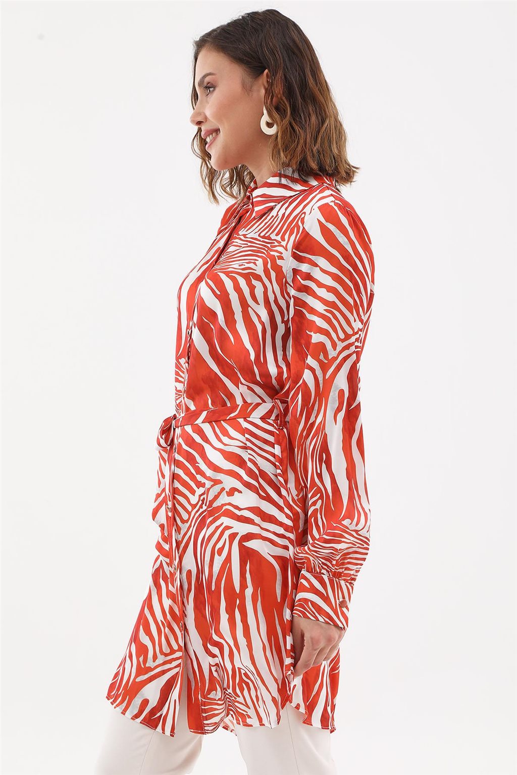 Zebra Desenli Kuşaklı Tunik Turuncu