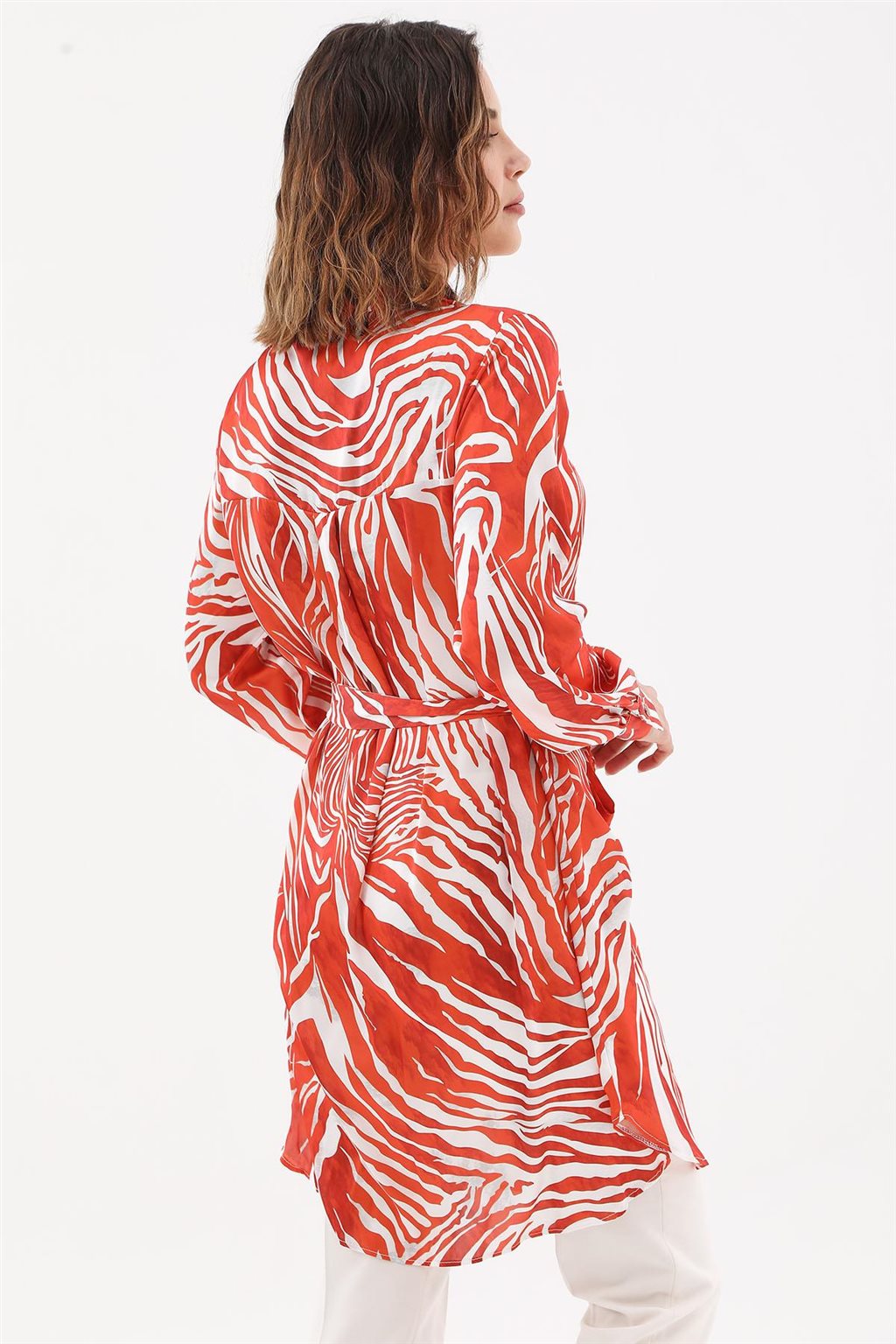 Zebra Desenli Kuşaklı Tunik Turuncu