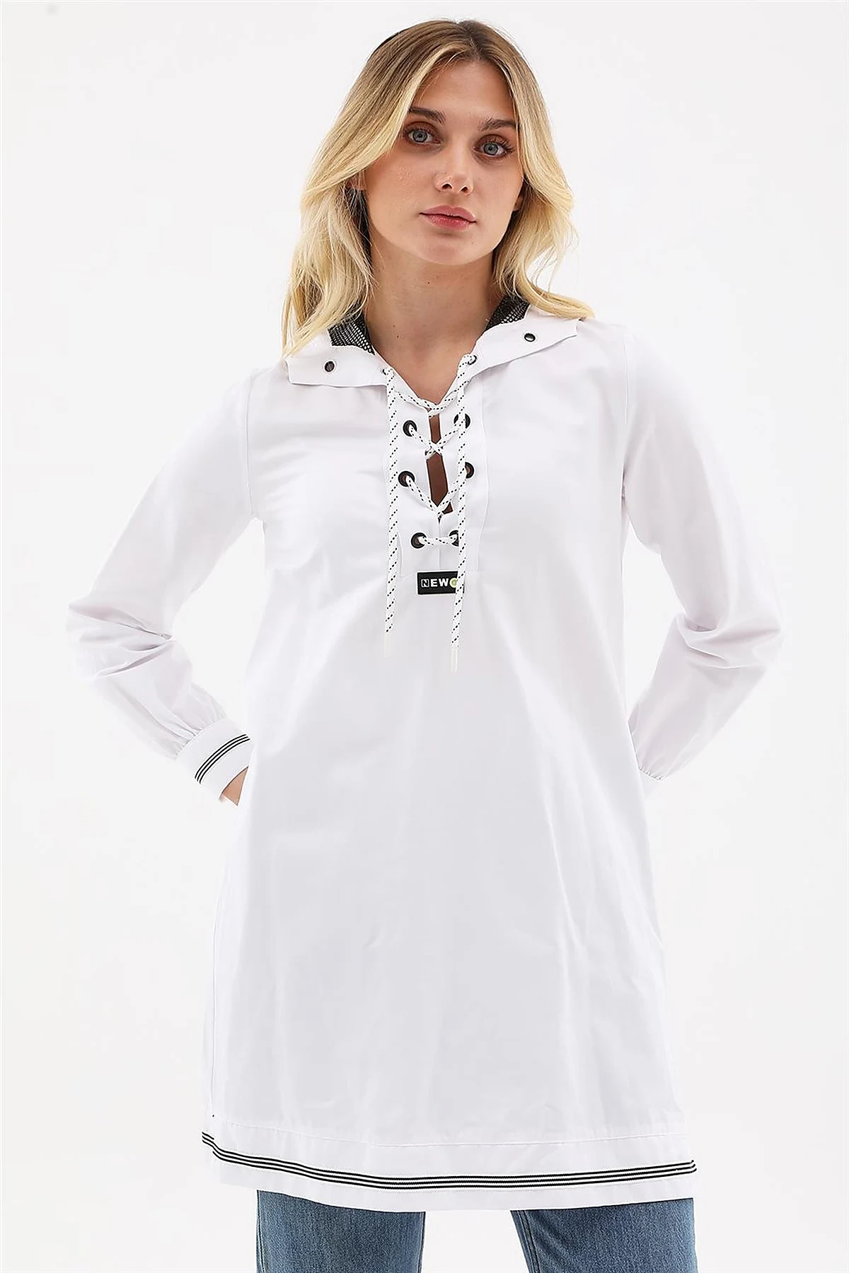 Mesh-Trimmed Hooded Tunic Optical White