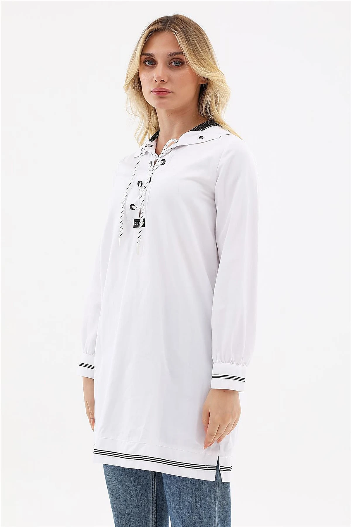 Mesh-Trimmed Hooded Tunic Optical White