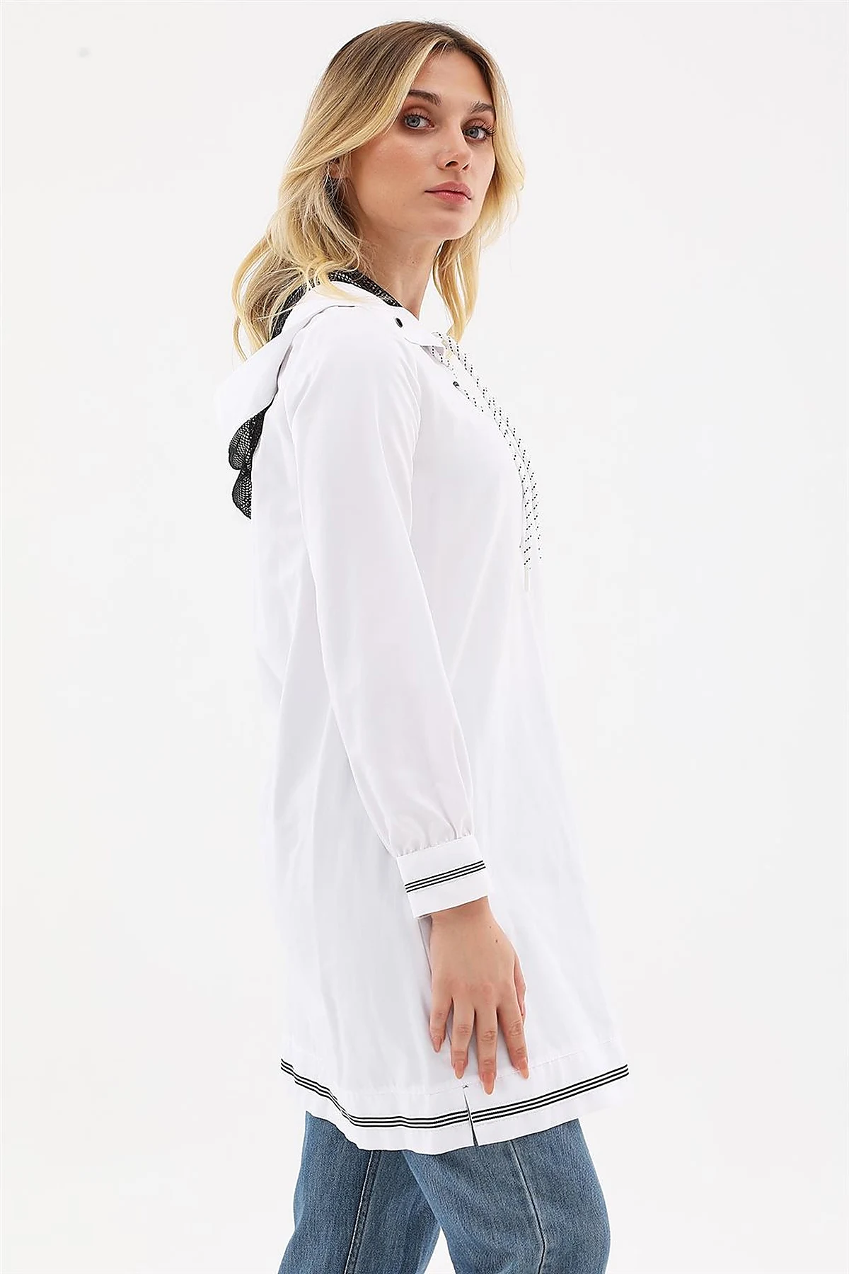 Mesh-Trimmed Hooded Tunic Optical White