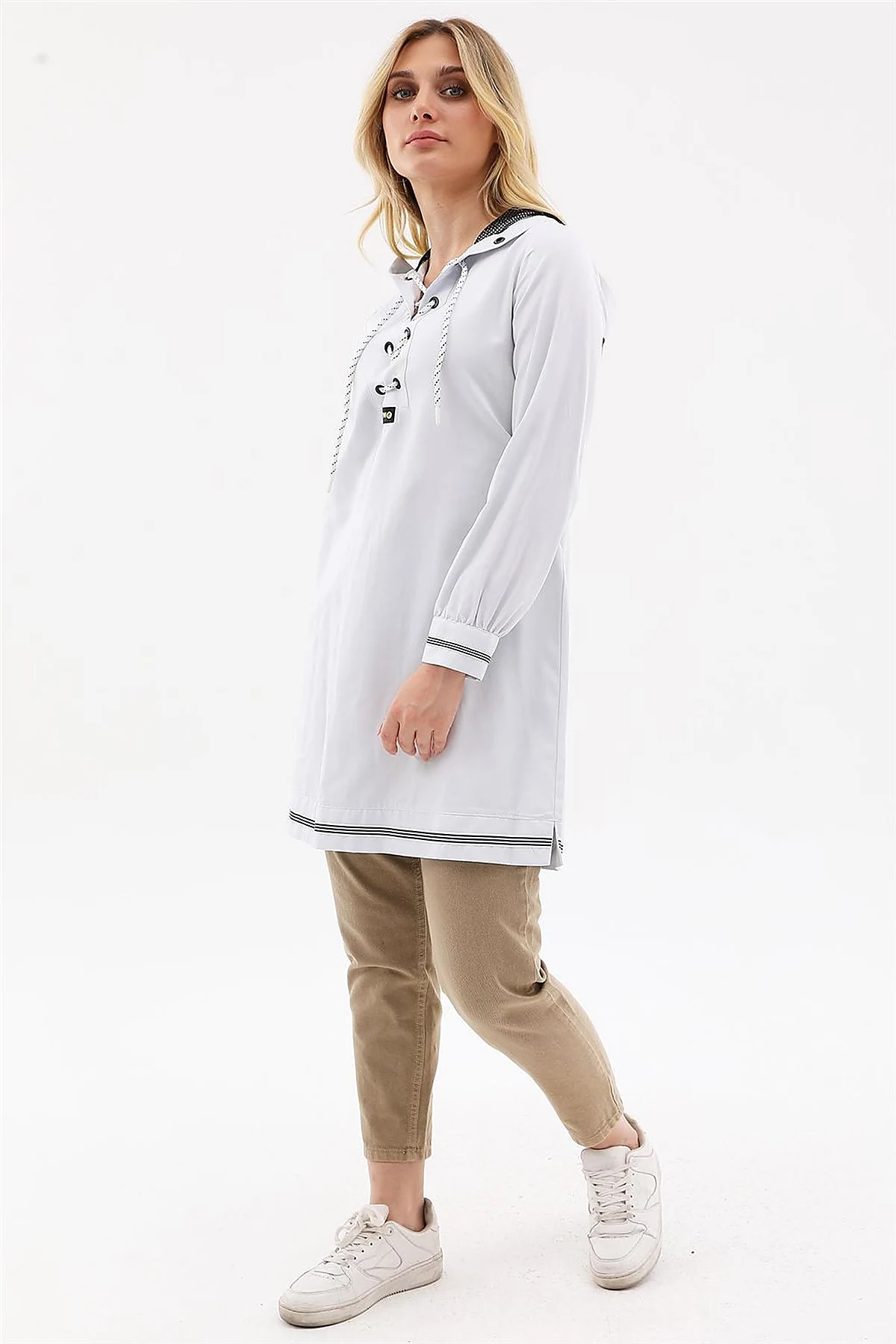 Mesh-Trimmed Hooded Tunic Ice Blue