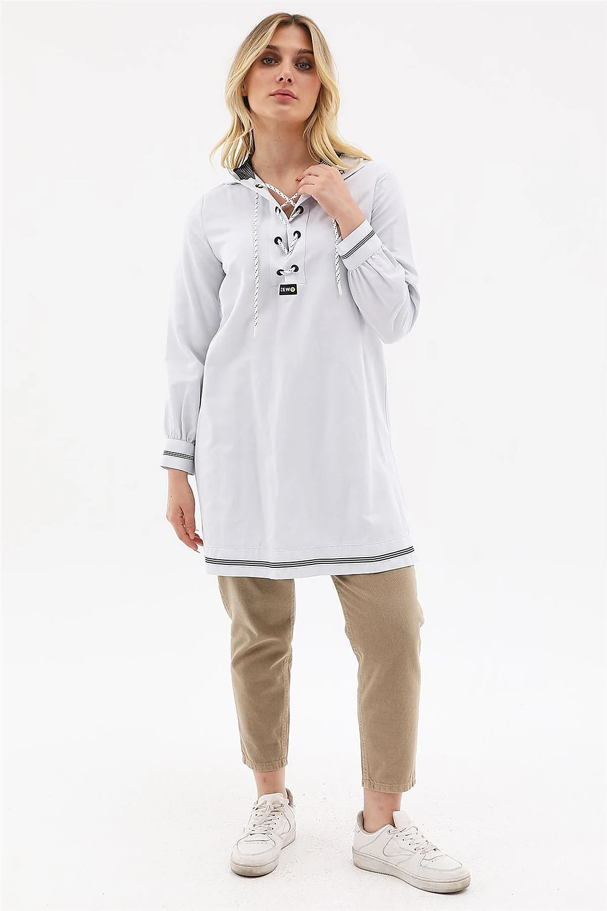 Mesh-Trimmed Hooded Tunic Ice Blue