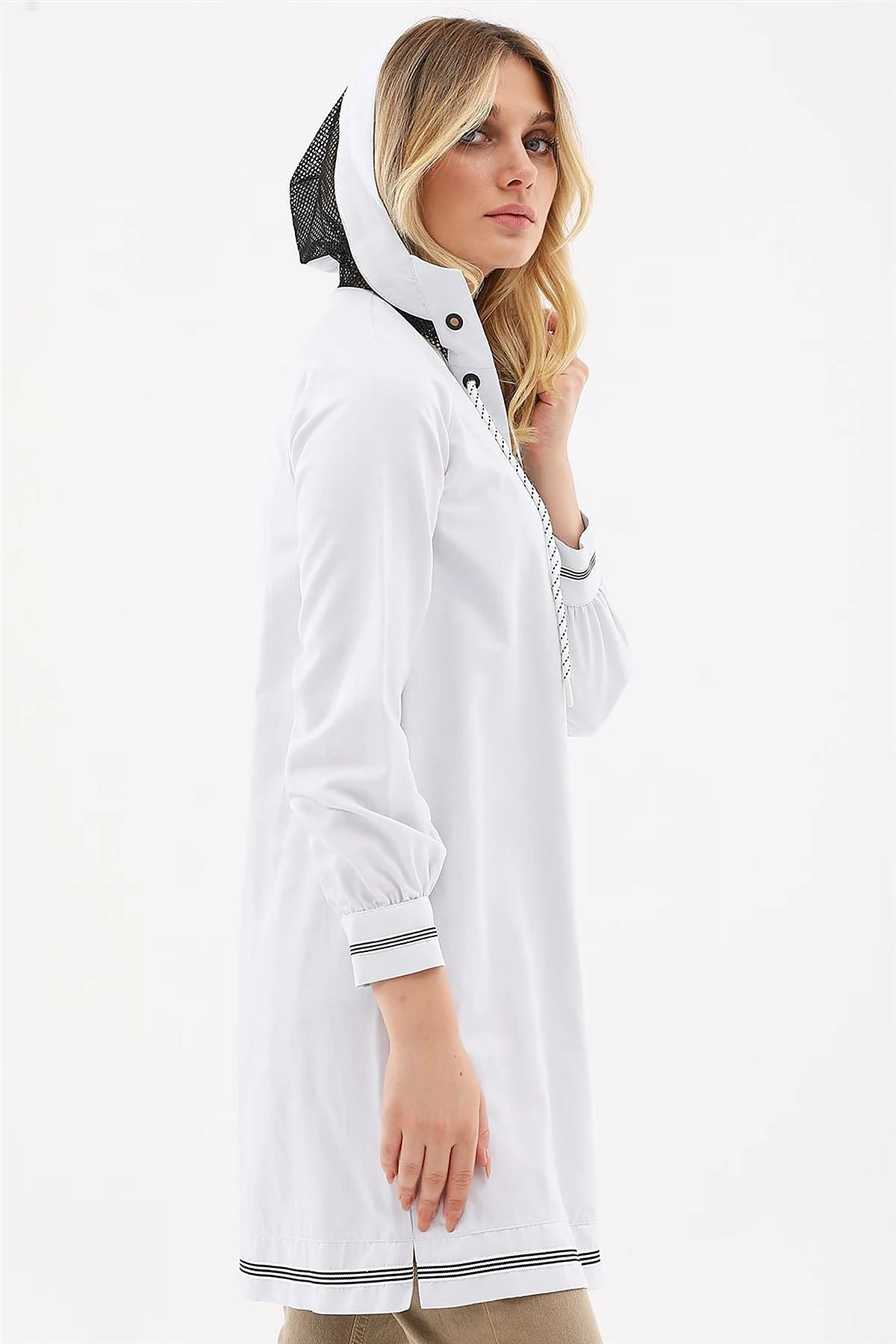 Mesh-Trimmed Hooded Tunic Ice Blue
