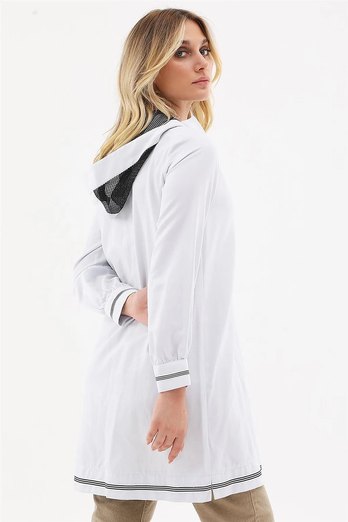 Mesh-Trimmed Hooded Tunic Ice Blue