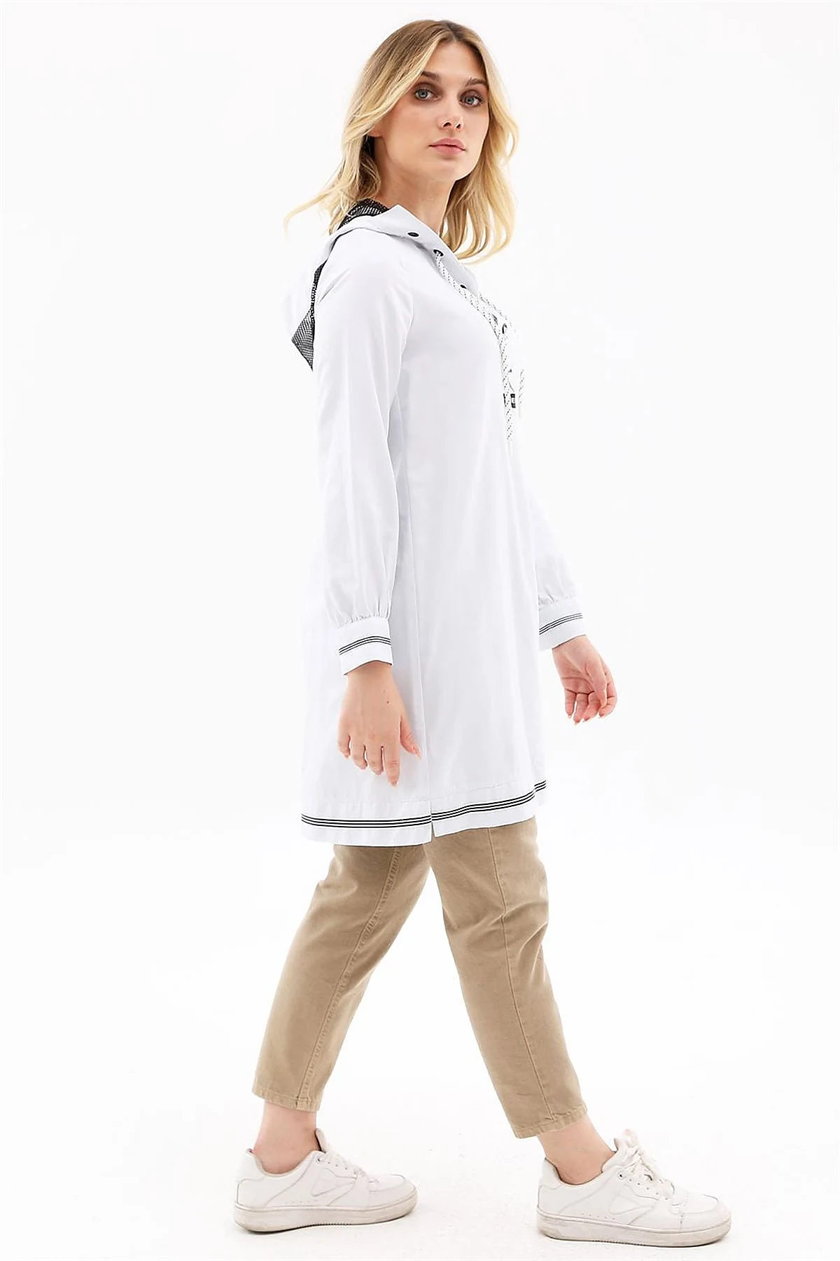 Mesh-Trimmed Hooded Tunic Ice Blue