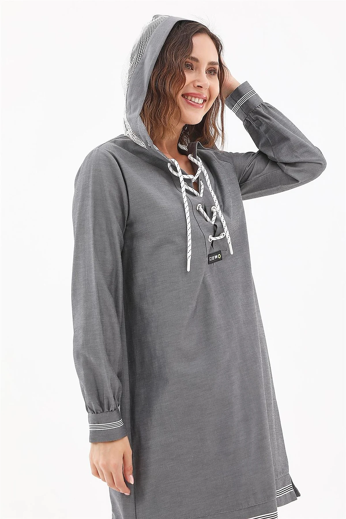 Mesh-Trimmed Hooded Tunic Gray 