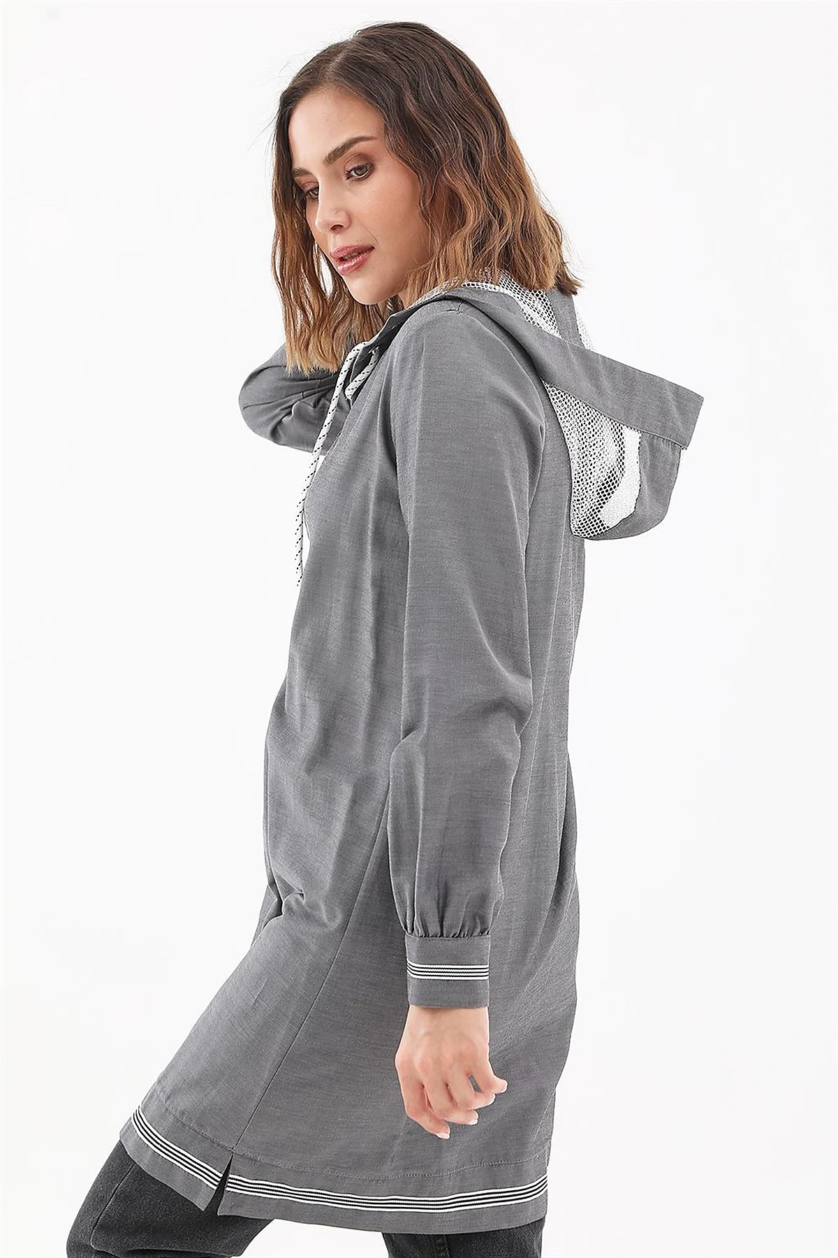 Mesh-Trimmed Hooded Tunic Gray 