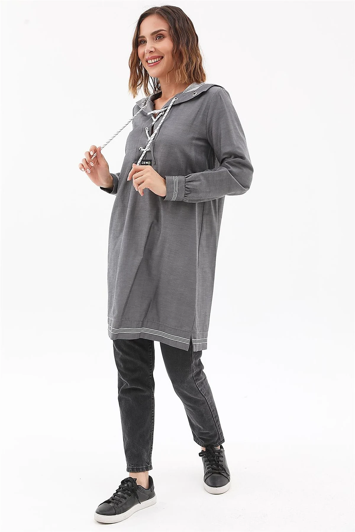 Mesh-Trimmed Hooded Tunic Gray 