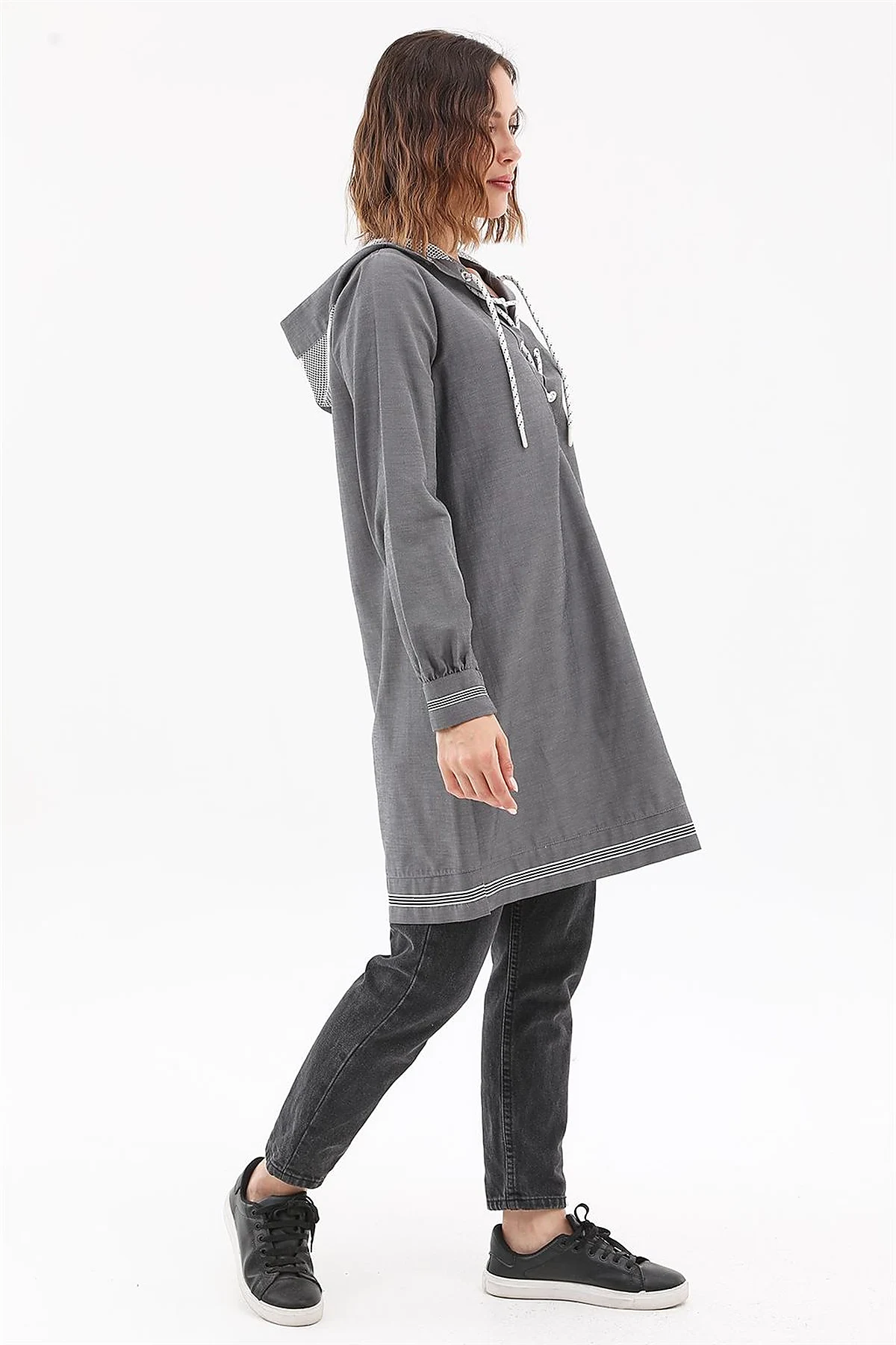 Mesh-Trimmed Hooded Tunic Gray 