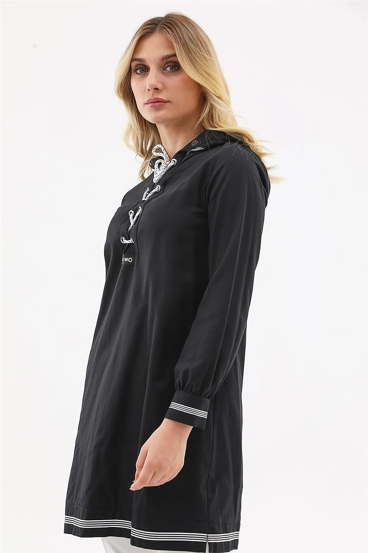 Mesh-Trimmed Hooded Tunic Black