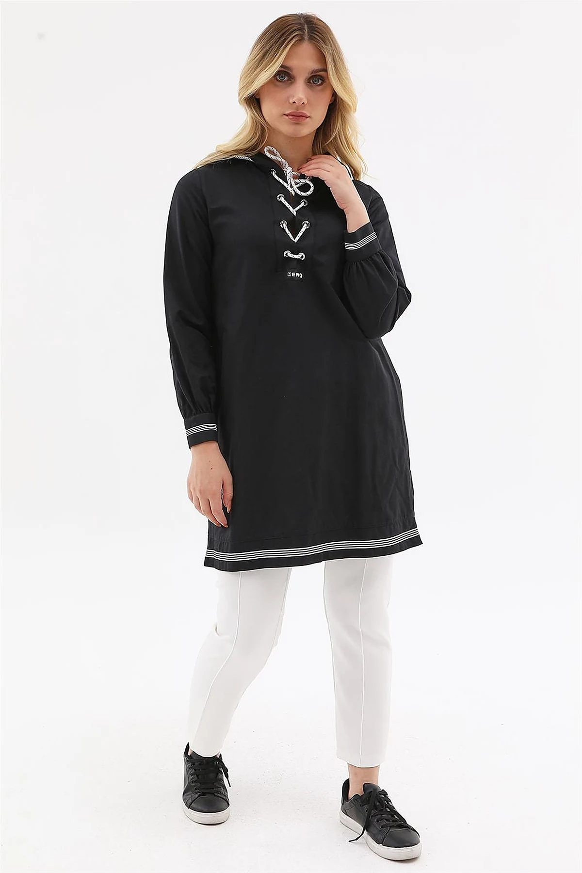 Mesh-Trimmed Hooded Tunic Black