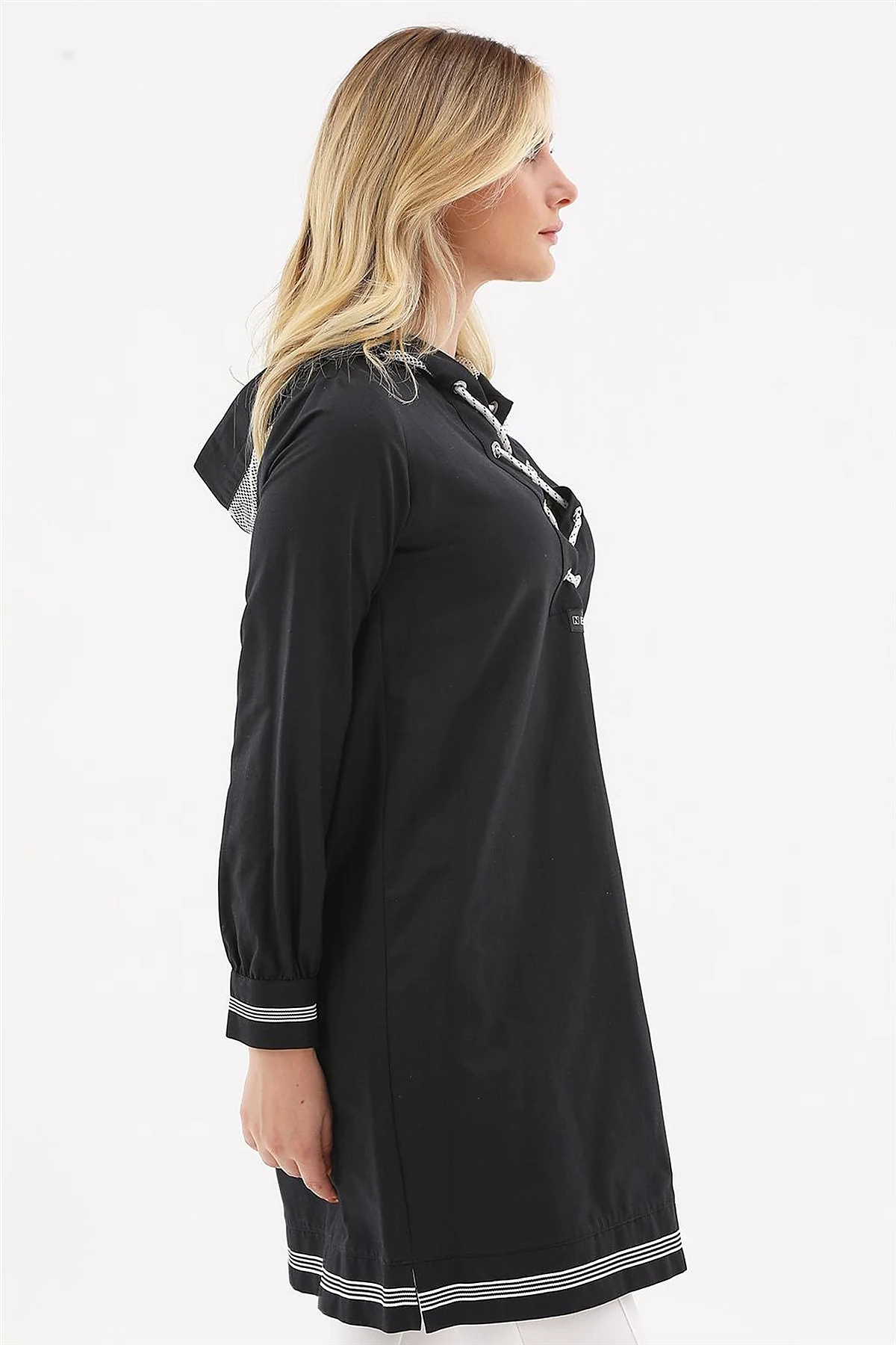 Mesh-Trimmed Hooded Tunic Black