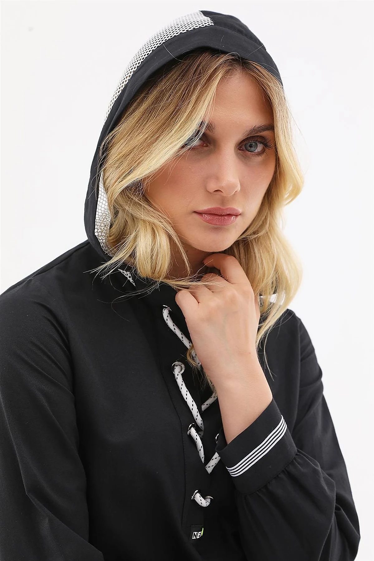 Mesh-Trimmed Hooded Tunic Black